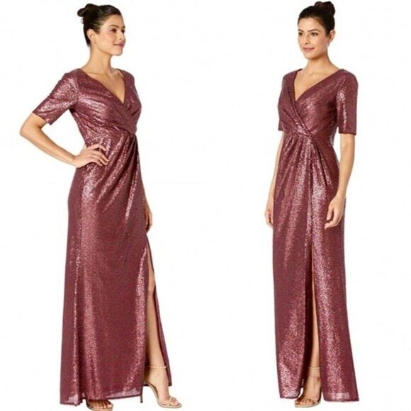 Adrianna Papell Dress Burgundy Maroon Ruby Sequin Short Sleeve Surplice 10 - Picture 2 of 7
